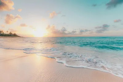 Golden Gulf Coast sunset over palm trees and luxury resort architecture in Naples, Florida