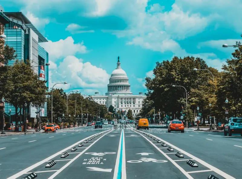 Monumental neoclassical marble columns and historic architecture in Washington, DC at dusk